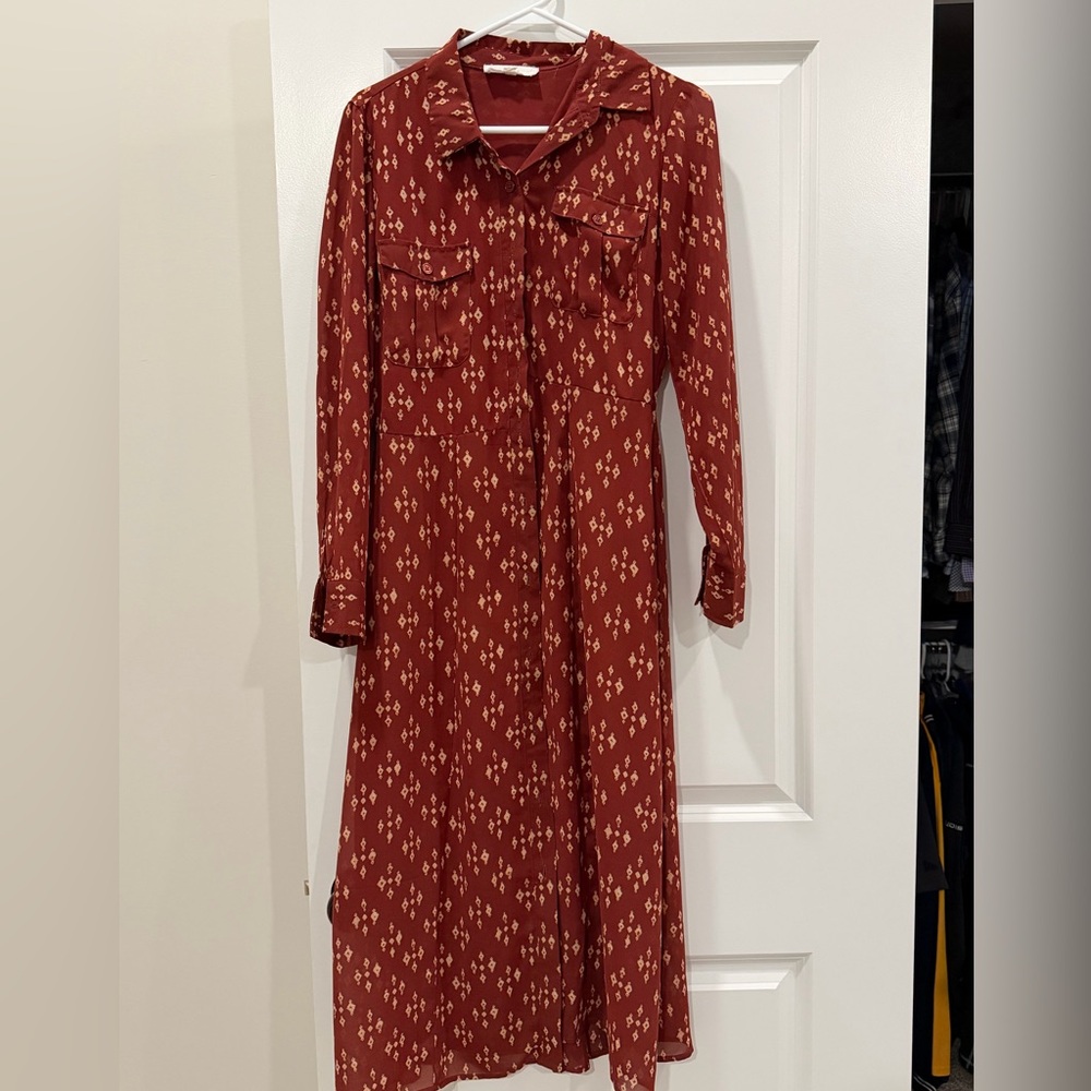 Lucky Brand Women's Southwestern Long Sleeve Collared Button Up Midi Dress Sz 4